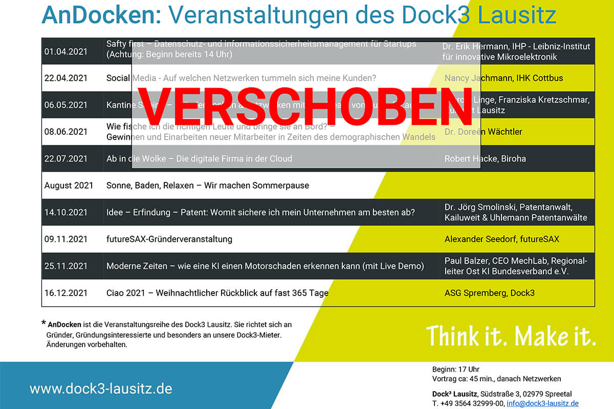 Veranstaltungsreihe Andocken im Dock3 Lausitz für Gründer und junge Unternehmen